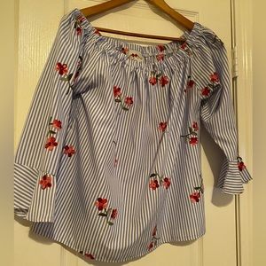 Off the shoulder, blue & white striped and embroidered top